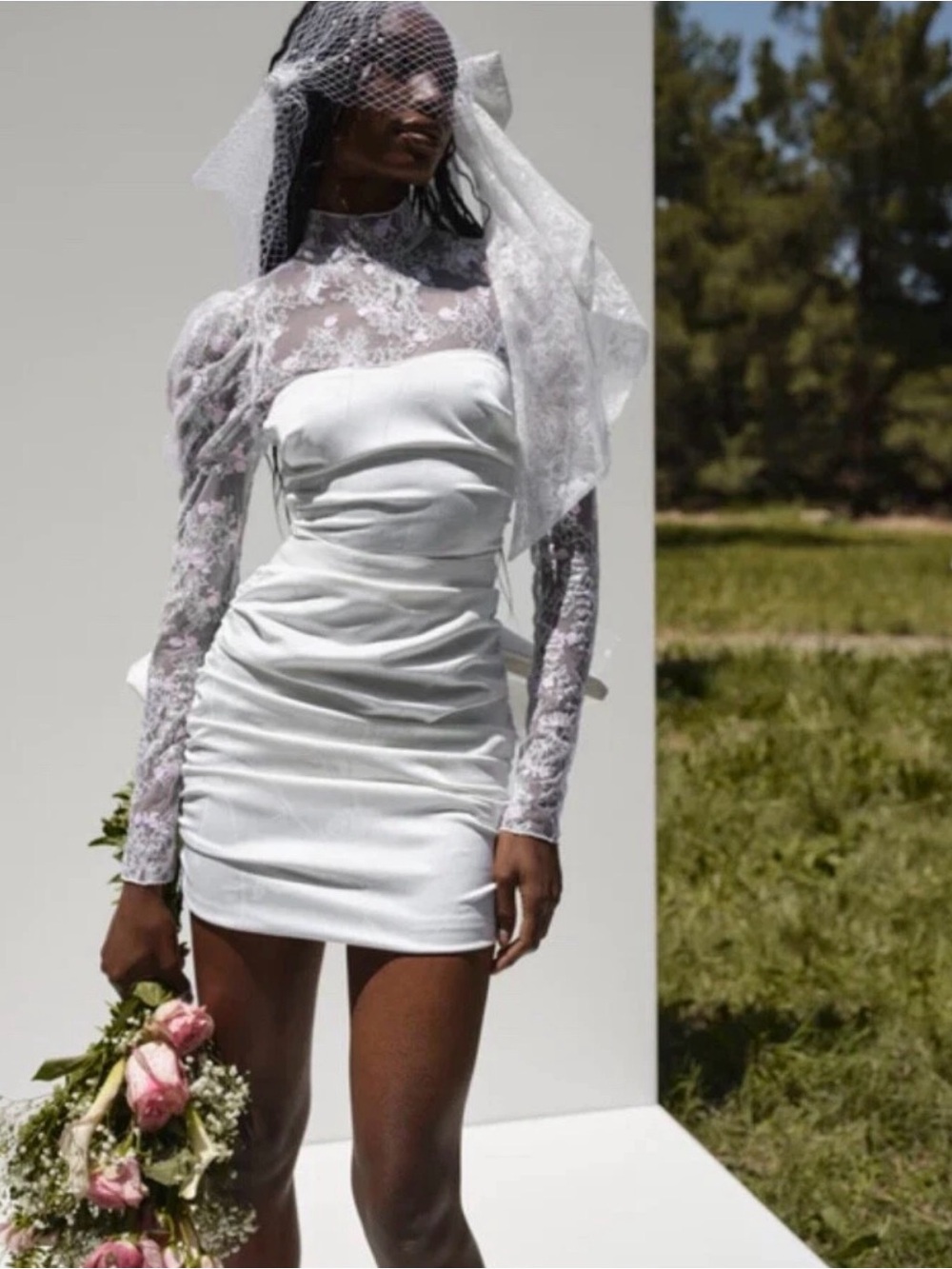 NWT For Love And Lemons “Valentina” Ruched Mini Dress in Ivory Sz Small